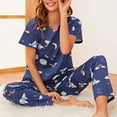 thumbnail image 4 of Conjunto de pijamas Top de manga corta Patrón de impresión elegante Ropa de dormir de cuello redondo suelta transpirable con pantalones largos Azul oscuro L, 4 of 6