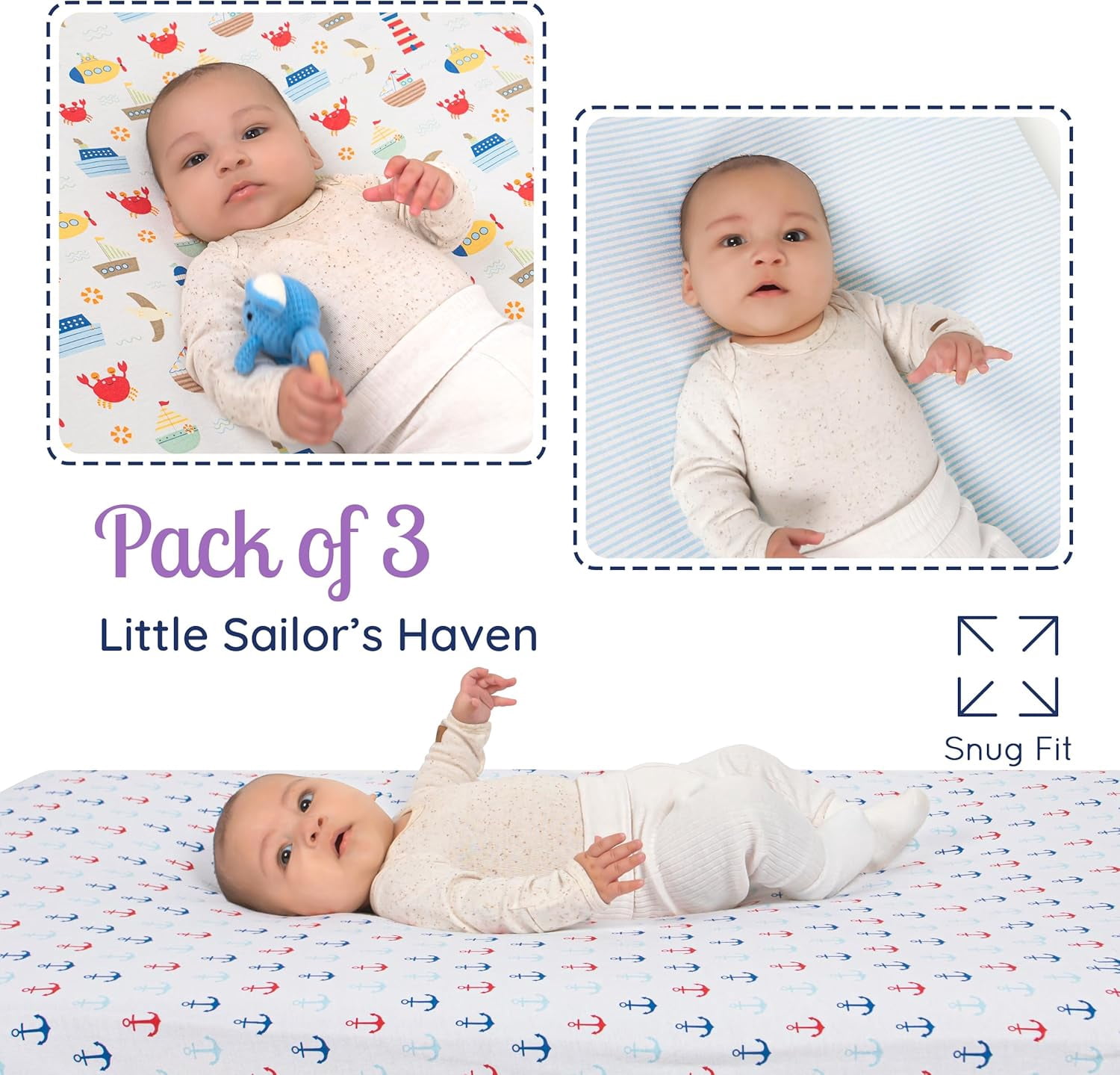 GROW WILD Fitted Nautical Crib Sheets (3 Pack) - Jersey Knit Cotton Boys Crib Sheets - 52”x28”x9”