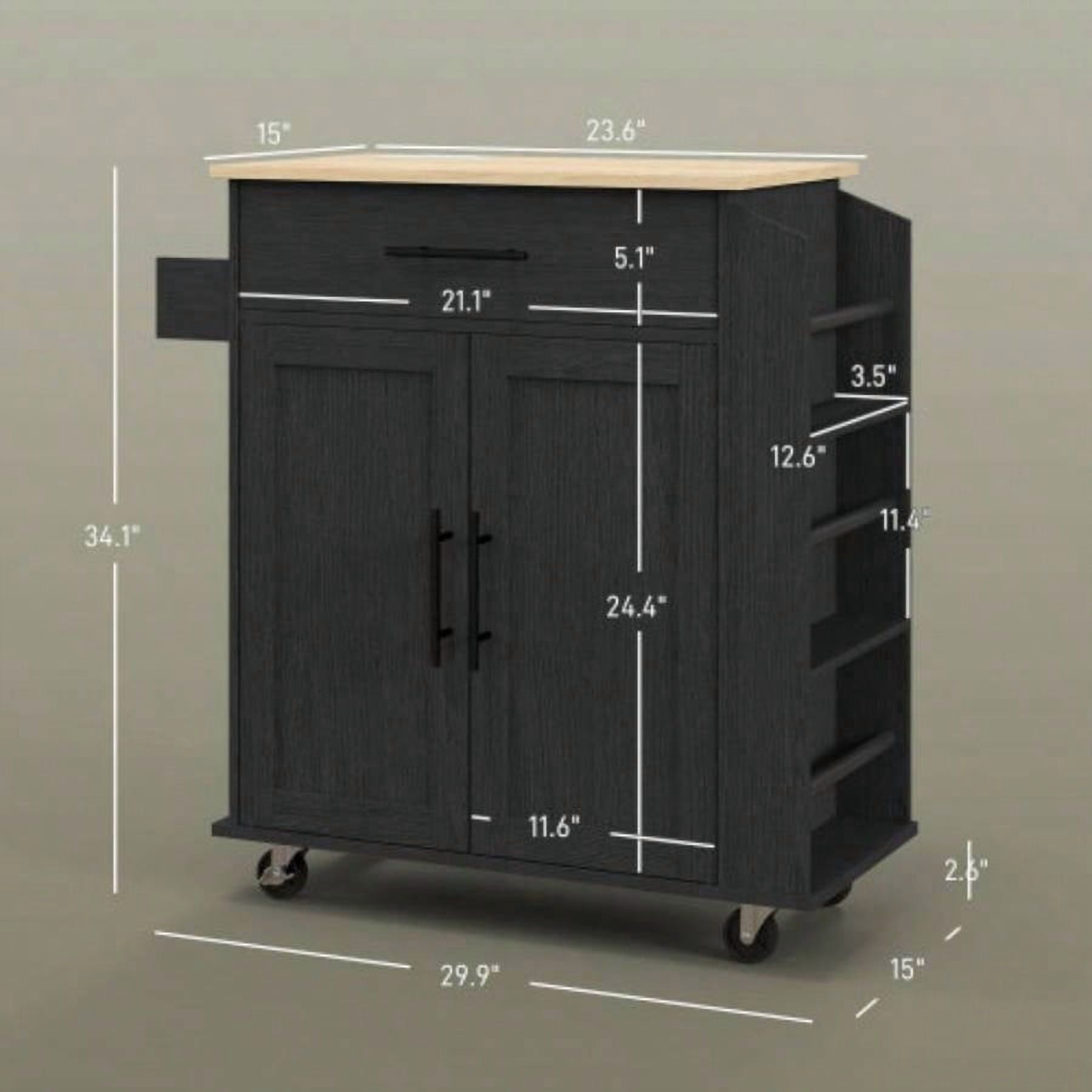 Rolling Kitchen Island Cart with Built-In AC Outlets & USB Ports, Equipped with Towel & Spice Racks, Black Color