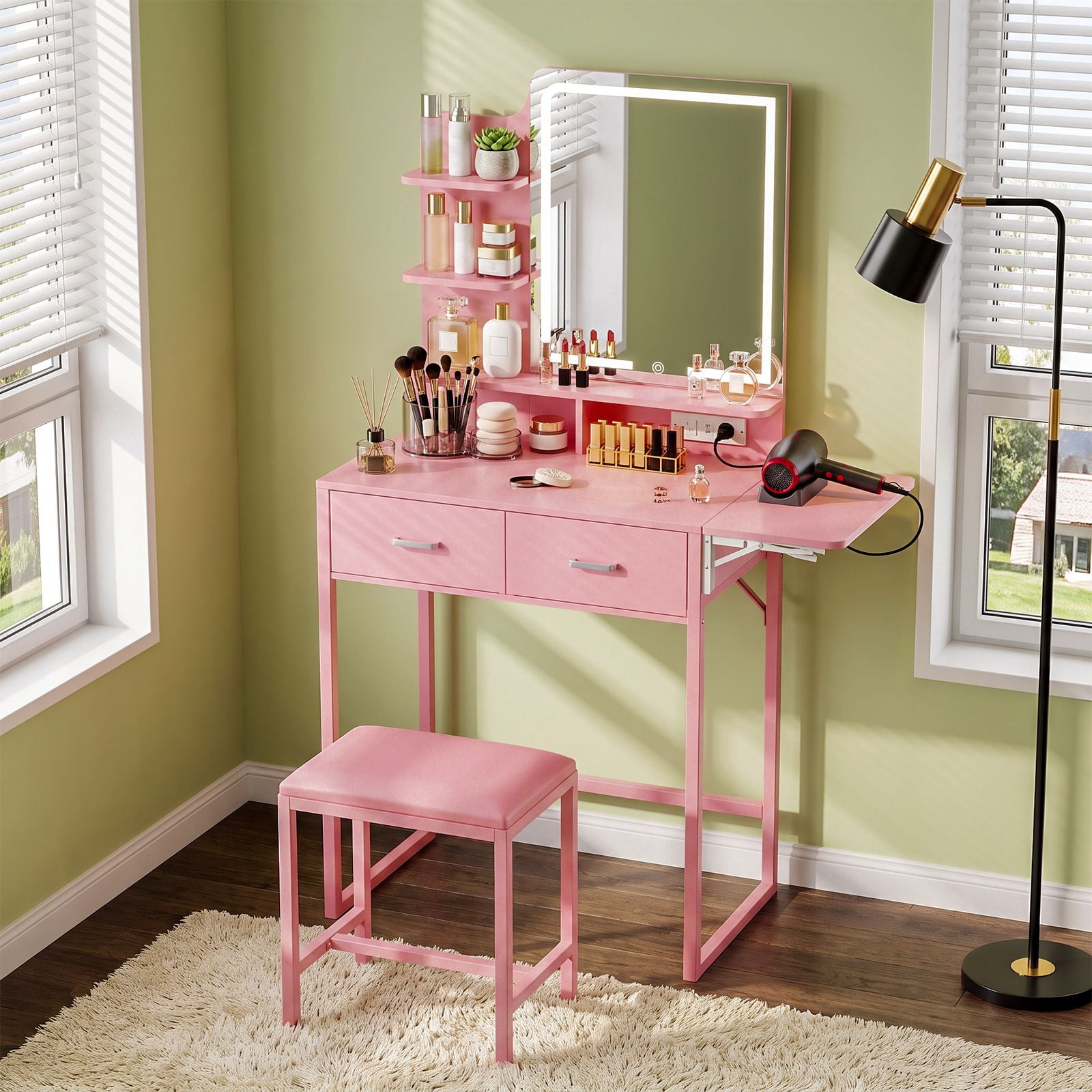 Vanity Desk with Lighted Mirror and Fold-Up Panel, Makeup Table with Fabric Storage Drawers, 3-Tier Shelves, Power Outlet and USB Ports, Cushioned Stool