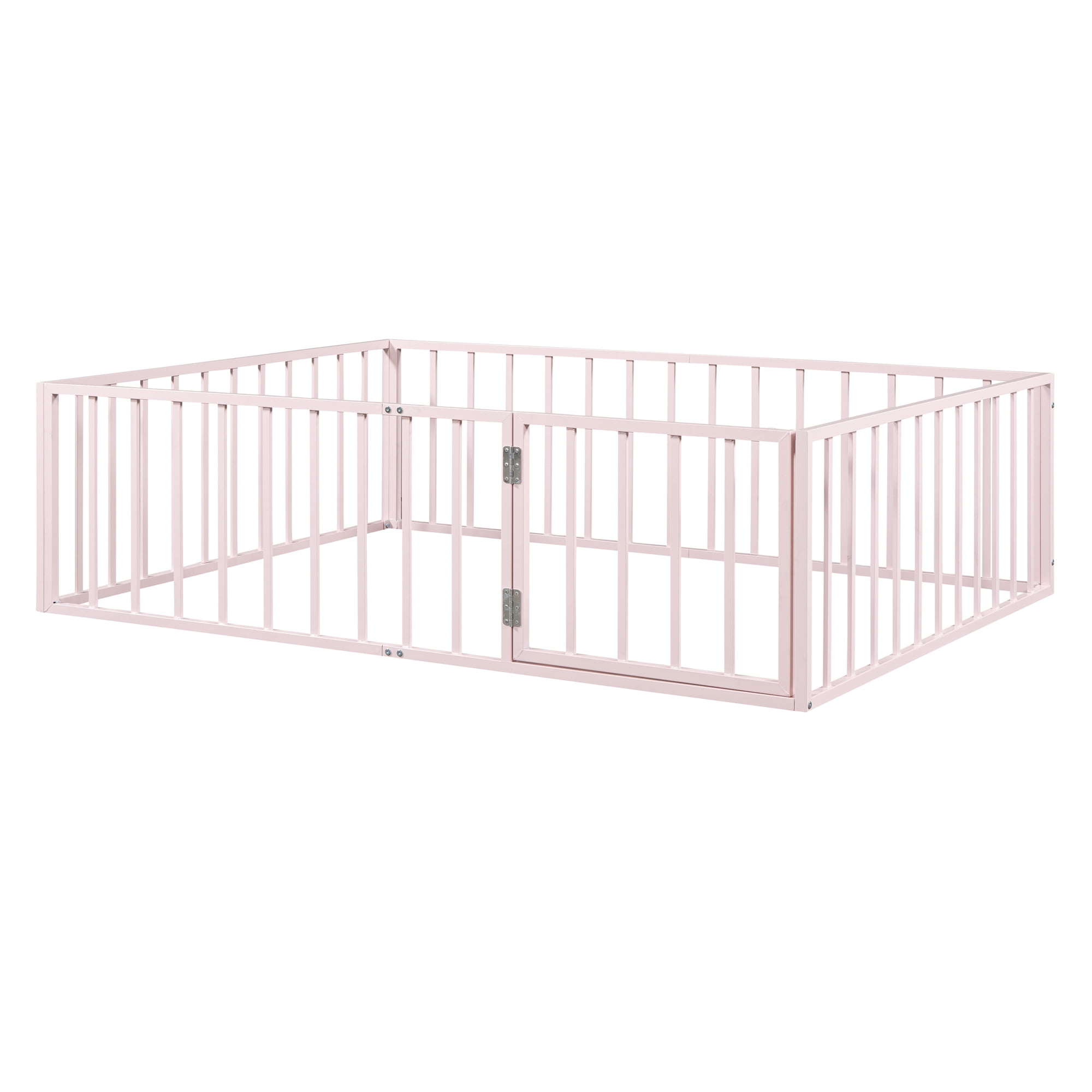 Full Size Floor Bed with Fence and Door, Low Profile Metal Montessori Bed Frame with Slats Supports,Easy Assembly, No Box Spring Needed,Pink