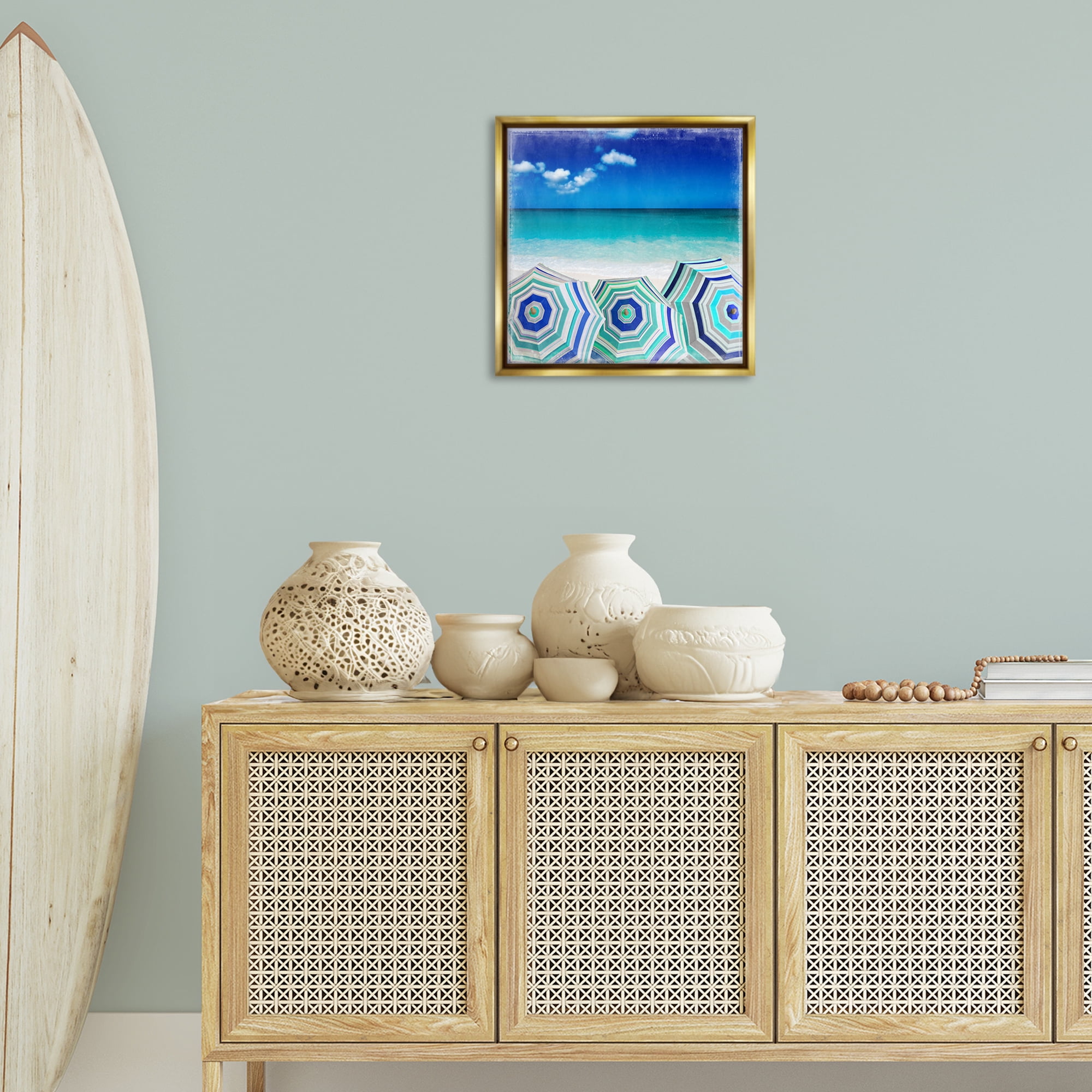 Stupell Industries Three Beach Umbrellas View Nautical & Beach Painting Gold Floater Framed Canvas Art Print Wall Art, 18 x 18