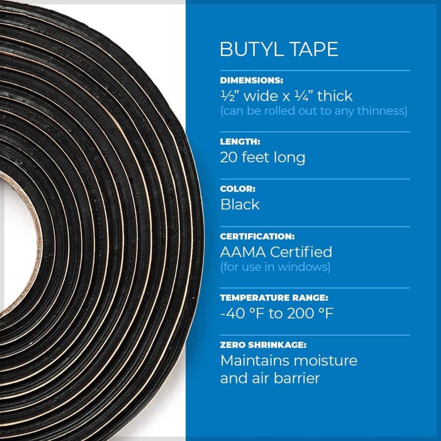 Bilot Butyl Sealant Tape – Butyl Rubber Sealant, Multi-Purpose Butyl Rope,  and Putty Tape for Automotive (Car, RV, Marine) – 1/4” x 1/2" x 20' – Made  in The USA