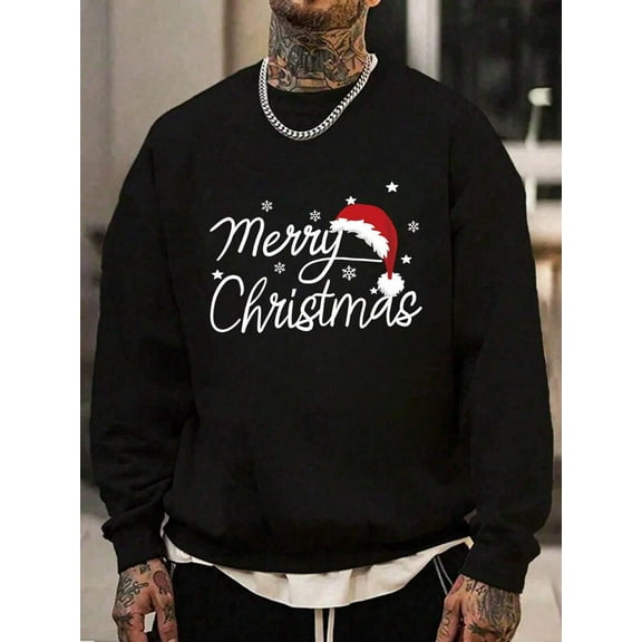 Men'S Casual Christmas Crew Neck Sweatshirt - Merry Christmas Graphic With Santa Hat, Long Sleeve, Non-Stretch Fabric, Regular Fit For Holiday Parties & Festive Gathering