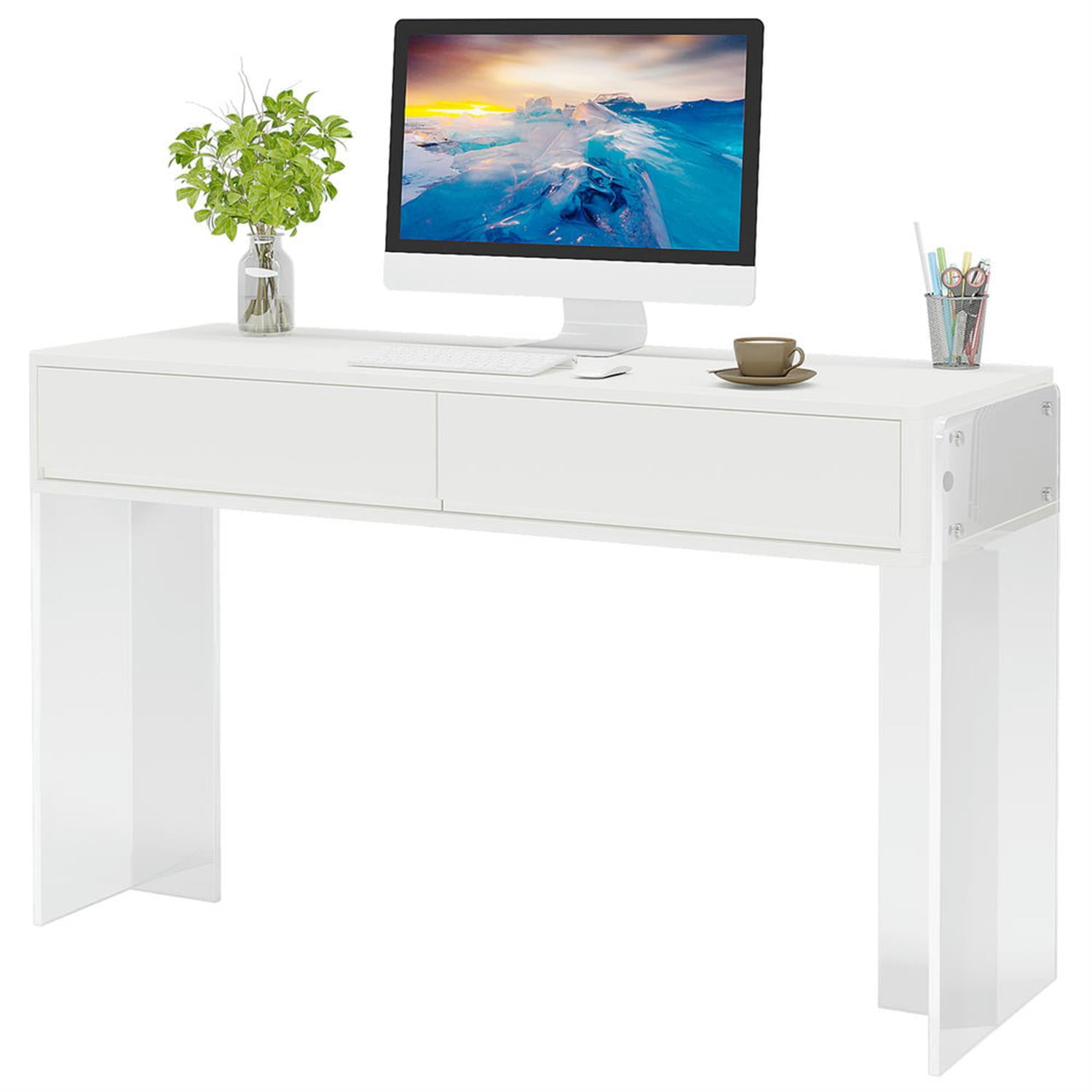 Demi Bonn 40" Computer Desk with 2 Storage Drawers and Acrylic Legs, Modern Study Writing Gaming Table for Home Office, Makeup Vanity Desk, White