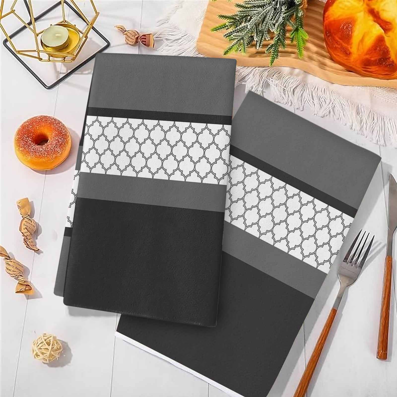 Dish Towels, Black Gray Geometric Absorbent Kitchen Towels 2 PCS, Stitching Morocco Pattern Microfiber Hand Towels Dish Cloths Tea Towels for Home&nbsp;Bathroom Cleaning Drying,18X28-Inch,