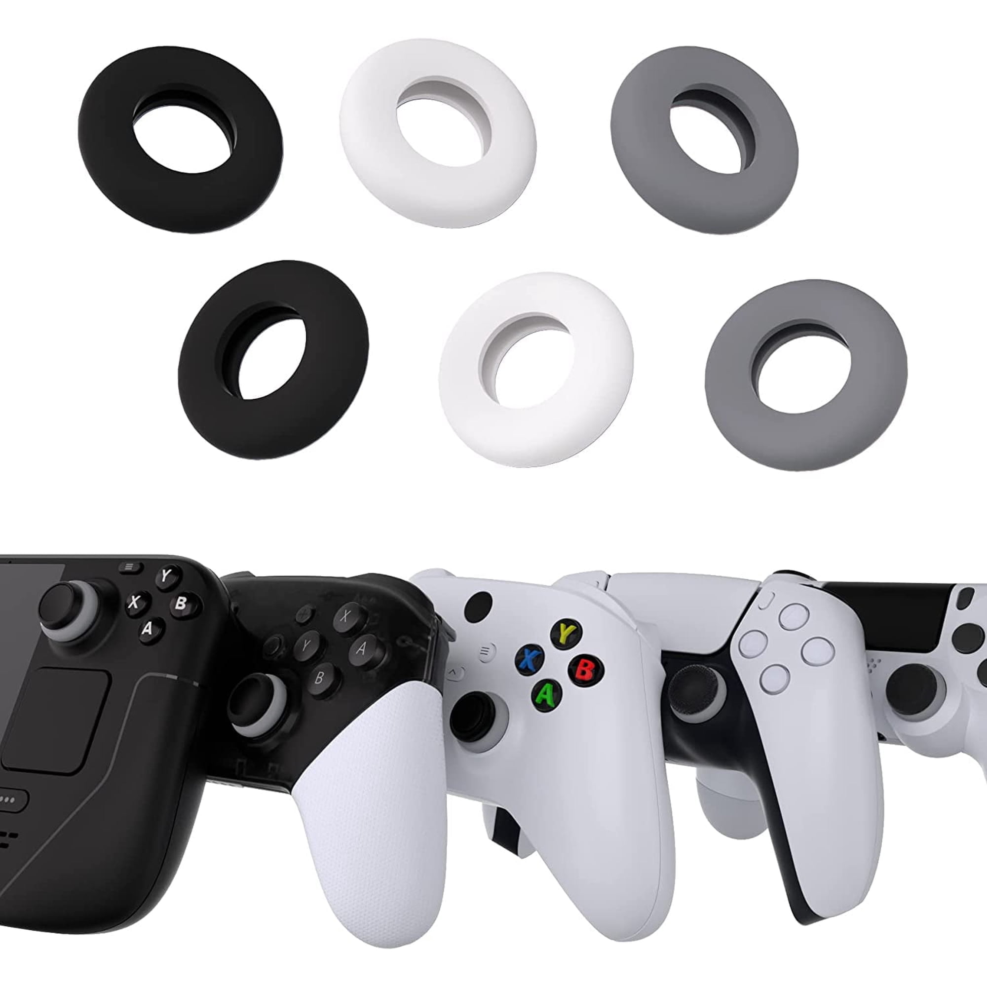 PlayVital 3 Pairs Silicone Aim Assist Target Motion Control Precision Rings for PS5, for PS4, for Xbox Series X/S, Xbox One, Xbox 360, for Switch Pro, for Steam Deck - Gray & Black & White