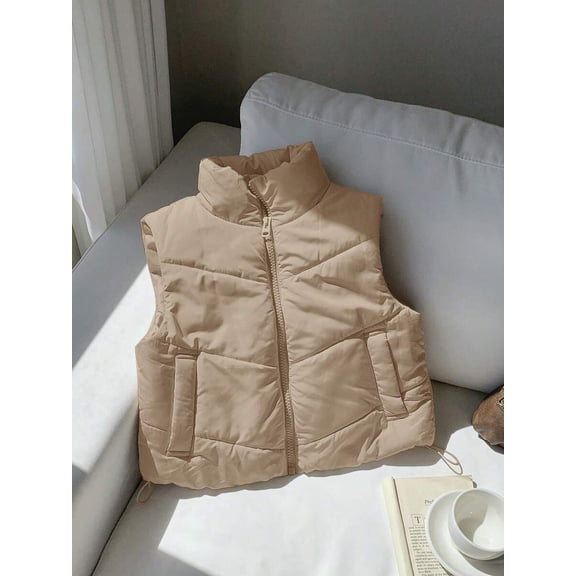 Women Stand Collar Zip Up Padded Vest, Sleeveless Outer Gilet with Side Pockets and Hem Drawstring for Daily Casual Wear