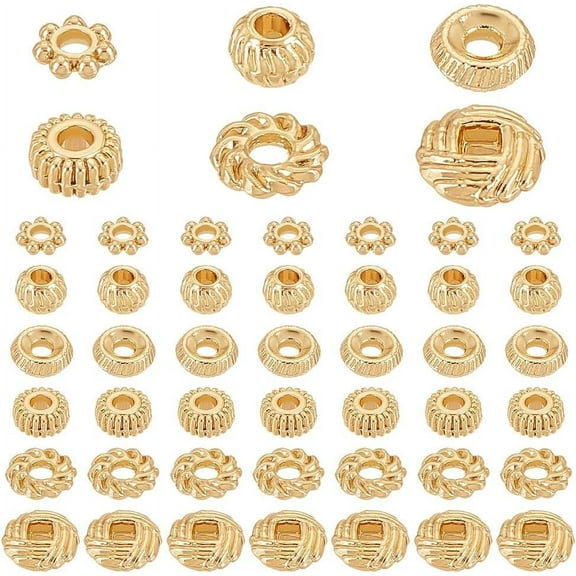 300PCS Gold Spacer Beads 6 Style Alloy Jewelry Bead Charm Spacers Wreath Beads Rondelle Disc Loose Beads for Jewelry Making DIY Bracelets Necklace and Crafting DIY