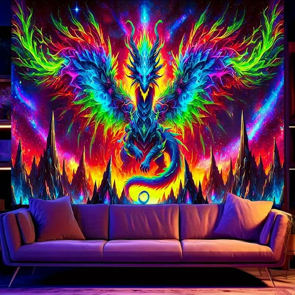 1PC, 2D/Flat polyester fluorescent tapestry, dazzling phoenix flame reborn, UV black light reaction tapestry 78.74*59.06 inches, very suitable for living room, bedroom, office home decoration/room de