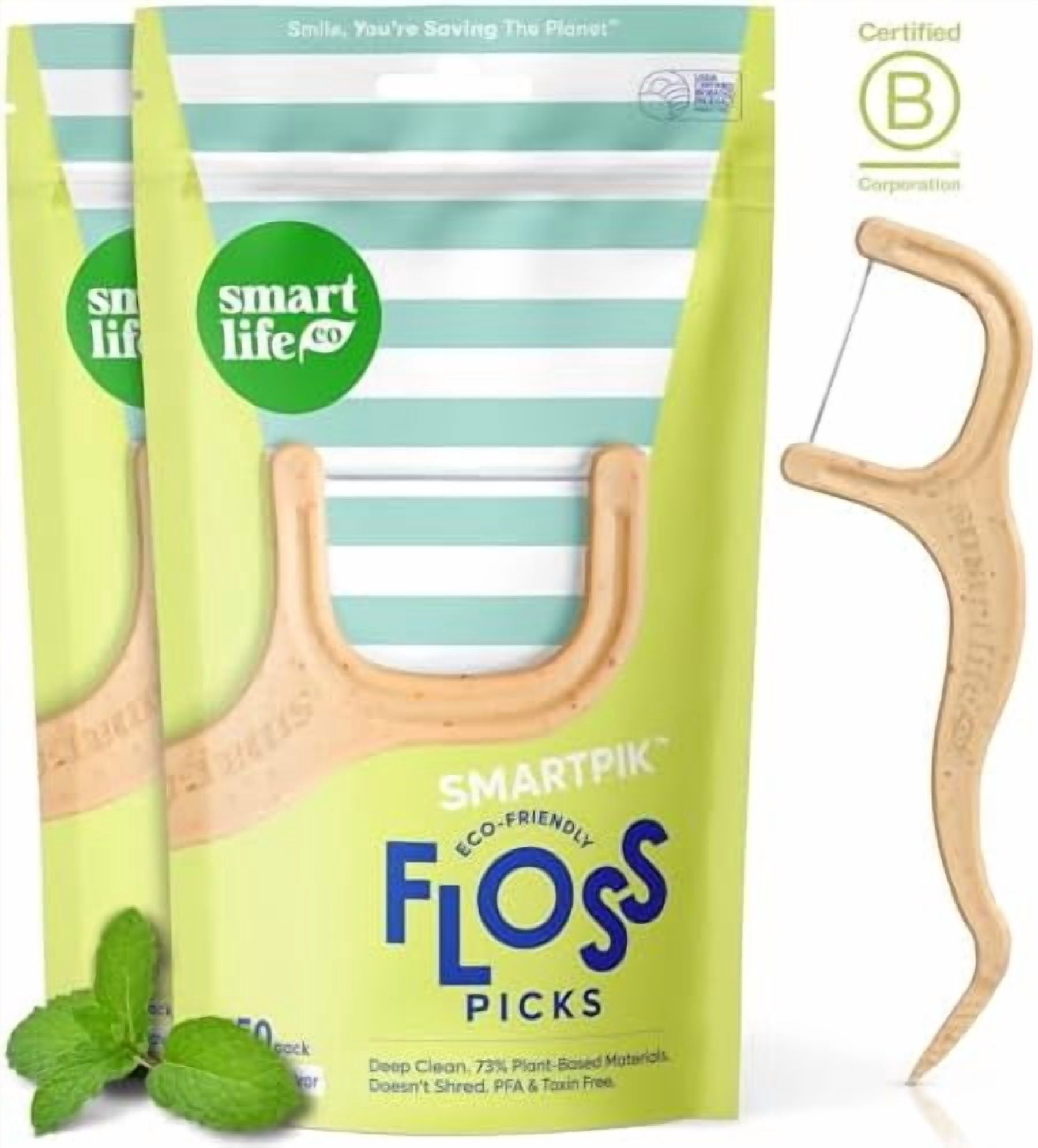 Eco-Friendly Dental Floss Picks (100ct) - Flossers Made with Straw Wheat Blend, Superior Anti-Shred Thread for Tight Gaps, Tooth Pick Stick for Adults, Soft on & Teeth, Vegan, Mint
