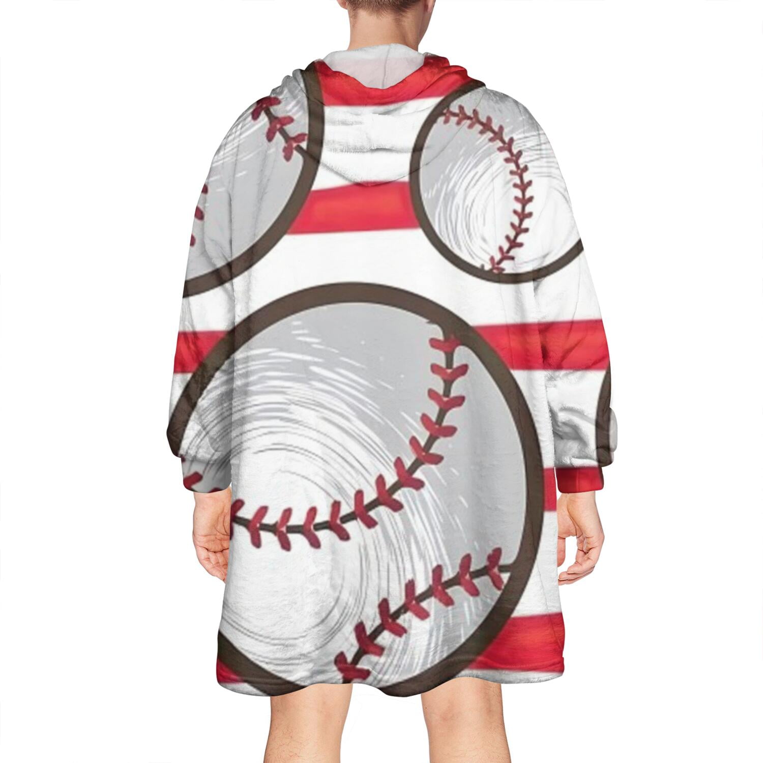 Red and White Striped Baseballs Pattern Wearable Oversized Blanket,Wearable Blanket Hoodie for Adults,Cozy Hooded Blankets with Super Pockets,Super Warm Fuzzy Pullover for Women & Men