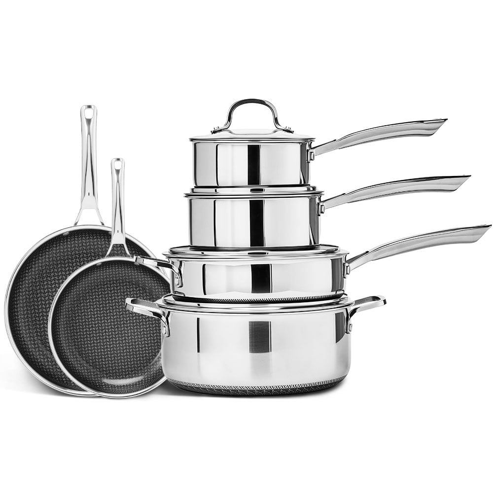 Ktaxon 10-Piece Stainless Steel Non-Stick Cookware Set, 3 Ply Pots and Pans Kitchen Set, Oven Dishwasher Safe, Compatible for Most Cooktops