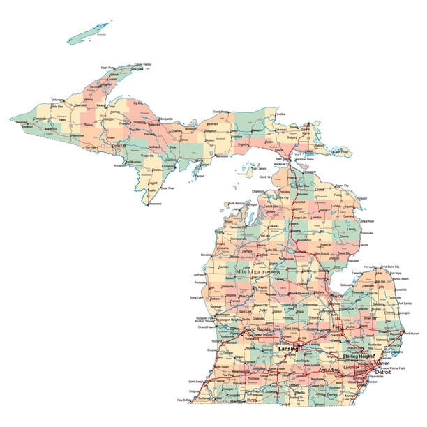 Laminated Map Large Administrative Map Of Michigan State With Roads Highways And Cities Poster X 30 Walmart Com