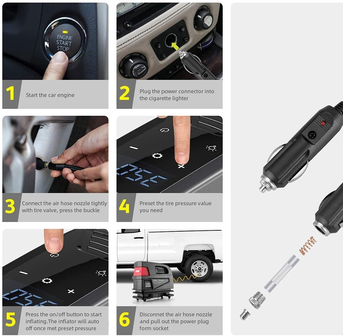 WindGallop Digital Tire Inflator Portable Air Compressor for Car Tires 12V DC Tire Pump Heavy Duty Touchscreen Car Air Pump for Car Bike Tires with Tire Pressure Gauge, Extra Air Hose, Battery Clamps