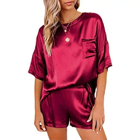 

Women Silky Satin 2 Piece Pajamas Short Sleeve Round Neck T-Shirt with Shorts Set Solid Color Loose Summer Sleepwear Home Loungewear