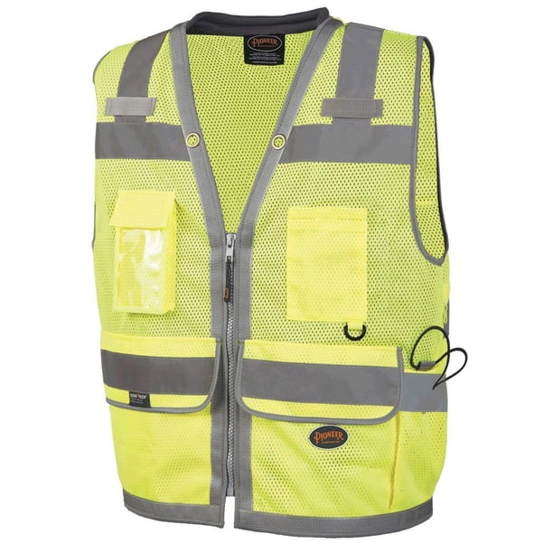 Pioneer Surveyor Chaleco de seguridad para hombres - Neón reflectante de alta visibilidad Cuello acolchado de malla fresca 11 bolsillos Cremallera 2 cintas - Naranja o amarillo/verde