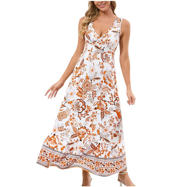 SDNall Robe pour Femmes Décontractée Imprimée Sans Manches Col en V Robe à la Cheville Sans Manches Robe Décontractée pour Femmes, Robe à Manches 3/4 pour Femmes