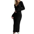 thumbnail image 1 of Womens Long Sleeve V Neck Ribbed Slim Fitted Dress Solid Color Knitted Midi Dress Sretchy Comfy Fall Long Dress, 1 of 7