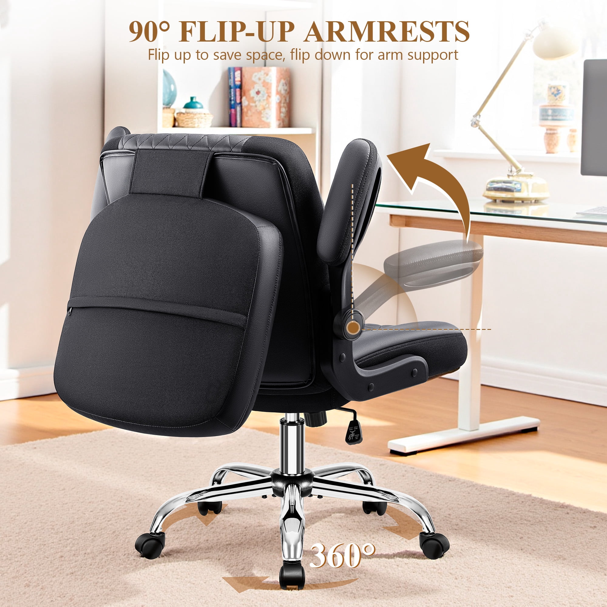 COOLHUT Criss Cross Chair with Flip-Up Arms and Wheels, Moveable Back Cushion Wide Seat Office Desk Chair, Height Adjustable Swivel Cross Legged Chair for Home Office, Study, Vanity, Black