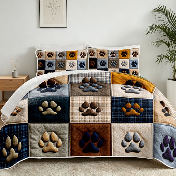 Davulos Bedspreads for King Size Bed,3 Piece Dog Paw Pattern Patchwork Quilt Set,Soft Microfiber Farmhouse Rustic Coverlet Bedding Sets for All Season