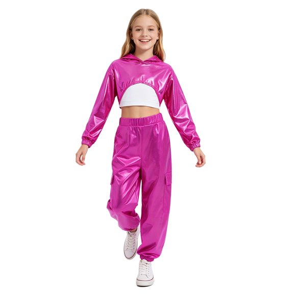 Aiihoo Child Hip Hop Jazz Dance Outfits Set Ballroom Performance Girls Sparkling Metallic Crop Hoodie Top Vest with Pants Streetwear Hot Pink 12