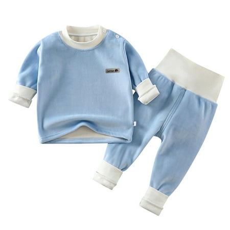

Boys Girls Pajama Outfits Lightweight Toddler Baby Kids Lounge Sets Warm Underwear Autumn Winter Homewear With Wool Thickened High Waist Long Sleeve Nightgowns Sleepwear Light Blue 12 Months-18 Months