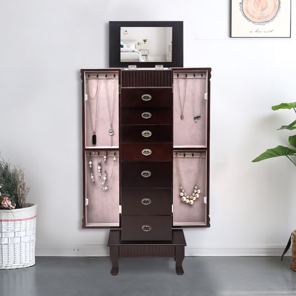 Retro Jewelry Armoire Cabinet, Makeup Mirror and Top Divided Storage Organizer with 16 Necklace Hooks, Large Standing Jewelry Armoire Storage Chest with 7 Drawers and 2 Swing Doors