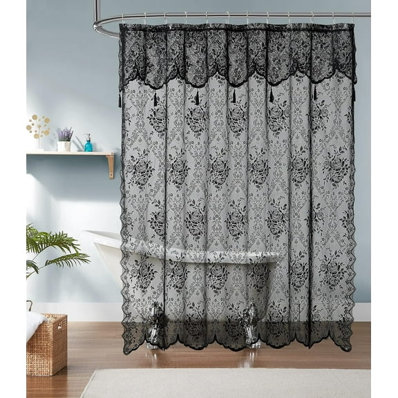 WARM HOME DESIGNS Black Lace Shower Curtain 72 W x 72 L Inches with Attached Valance & 7 Tassels. LA Black 72