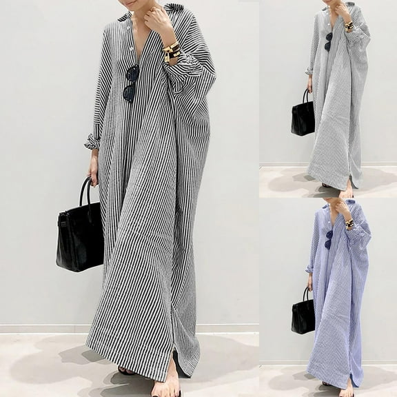 HAPIMO Women's Maxi Shirt Dress Cotton Linen Stripe Long Sleeve Autumn Dresses Boho Turndown Collar Button Leisure Comfy Vintage Holiday Sky Blue S