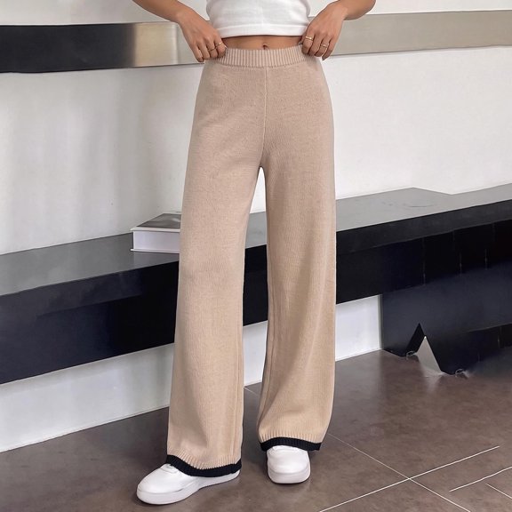 Kttectoa Women's Pants Knitted High Waist Straight Leg Pants Fashionable Contrasting Hem Loose Casual Lounge