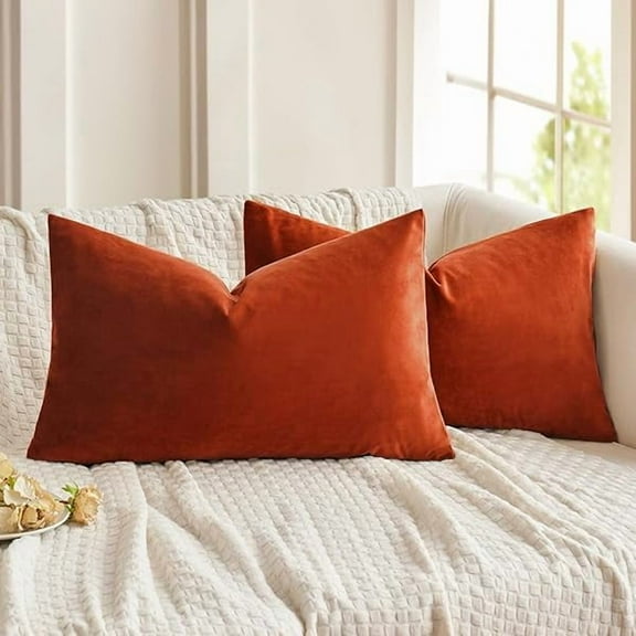 0829 Pack of 2 Burnt Orange Velvet Throw Pillow Covers 12x20 Inch Soft Solid Decorative Set Lumbar Fall Cushion Case for Couch Sofa Bedroom