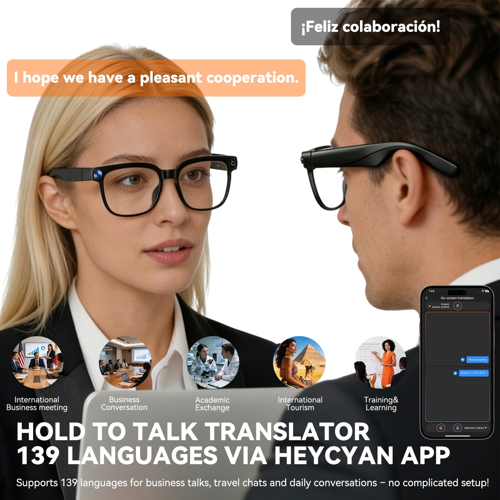 HIVISUALS AI Smart Glasses with Camera & ChatGPT, Hands-Free 1080P Video, Real-Time Translation, 7H Playtime, Open-Ear Audio, Detachable Lenses for Travel Vlog