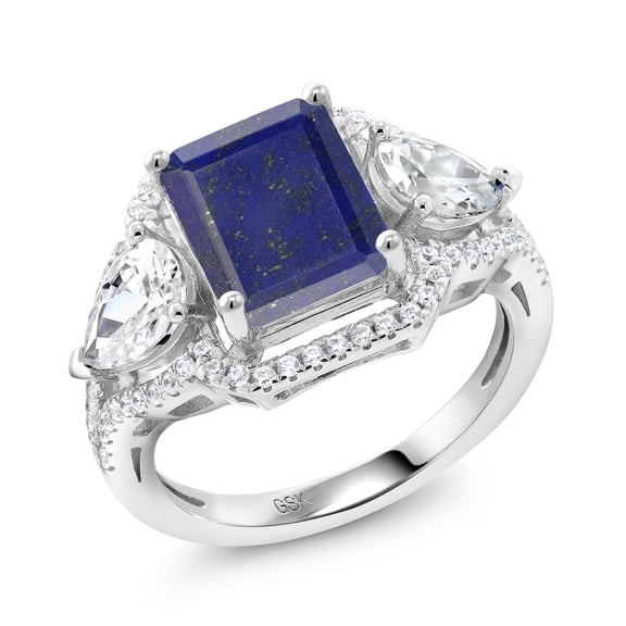 Gem Stone King 925 Sterling Silver Blue Lapis Ring for Women (3.79 Cttw, Emerald Cut 10X8MM, Gemstone, Size 8)