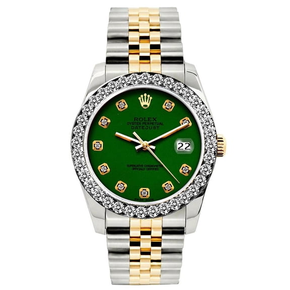 Pre-Owned Rolex Datejust 26MM 69173 Green Diamond Dial Diamond Bezel Two Tone Yellow Gold Jubilee Bracelet 1.2ct