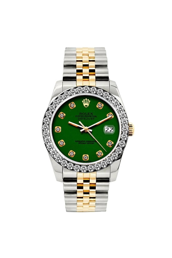 Pre-Owned Rolex Datejust 26MM 69173 Green Diamond Dial Diamond Bezel Two Tone Yellow Gold Jubilee Bracelet 1.2ct