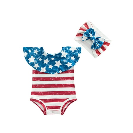 

Calsunbaby Infant Baby Girls Casual Romper Newborn Stripe Star Printed Sleeveless Ruffled Strapless Bodysuit+Headband