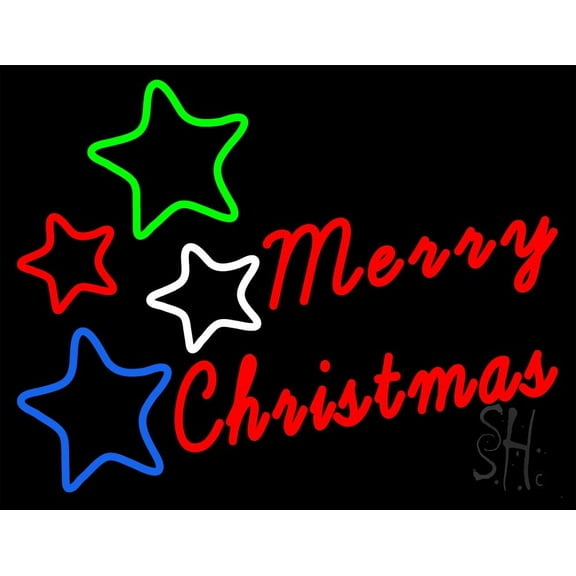 Red Merry Christmas With Stars LED Neon Sign 15 x 19 - inches, Clear Edge Cut Acrylic Backing, with Dimmer - Bright and Premium built indoor LED Neon Sign for special occasion decor.