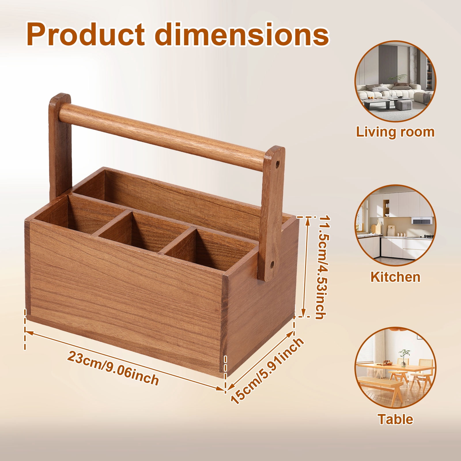 Wood Silverware Caddy with Handle 4 Compartments Utensil Holder Kitchen Cutlery Holder Multipurpose Organizer for Kitchen Office Bathroom Bedroom