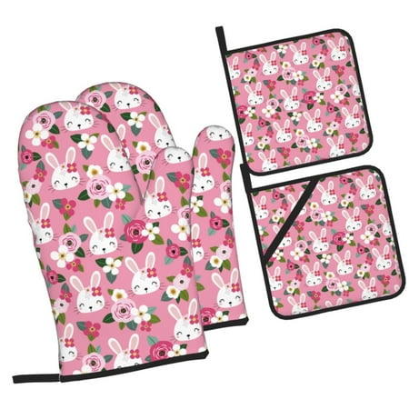 

Daiia Rose Rabbit Pattern Oven Mitts and Pot Holders 4 pcs Set High Heat Resistant 500 Degree Extra Thicken Long Kitchen Cotton Oven Glove