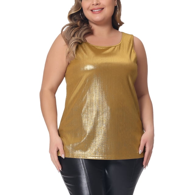 Agnes Orinda Blusas de Talla Grande para Mujeres, Top Sin Mangas de Cuello Redondo, Ropa de Fiesta y Club, Top Metálico Brillante Holográfico 4X Dorado