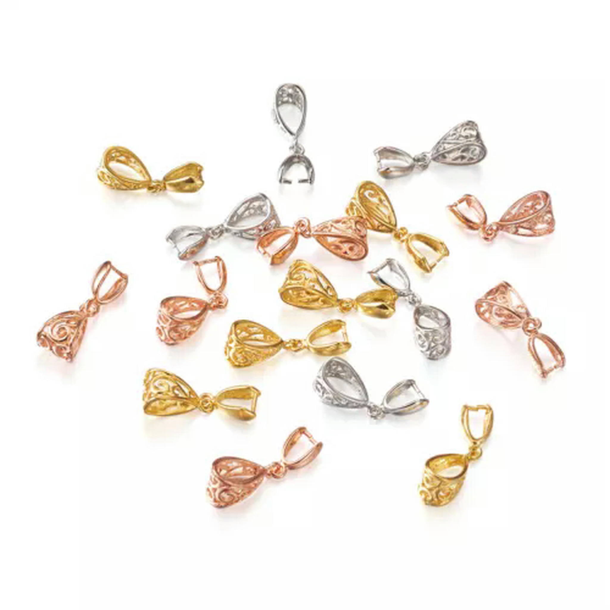 U8MO 50pcs Rack Plated Brass Filigree Pinch Bails Ice Pick Large Hole Hollow 13x8mm-Mixed Color
