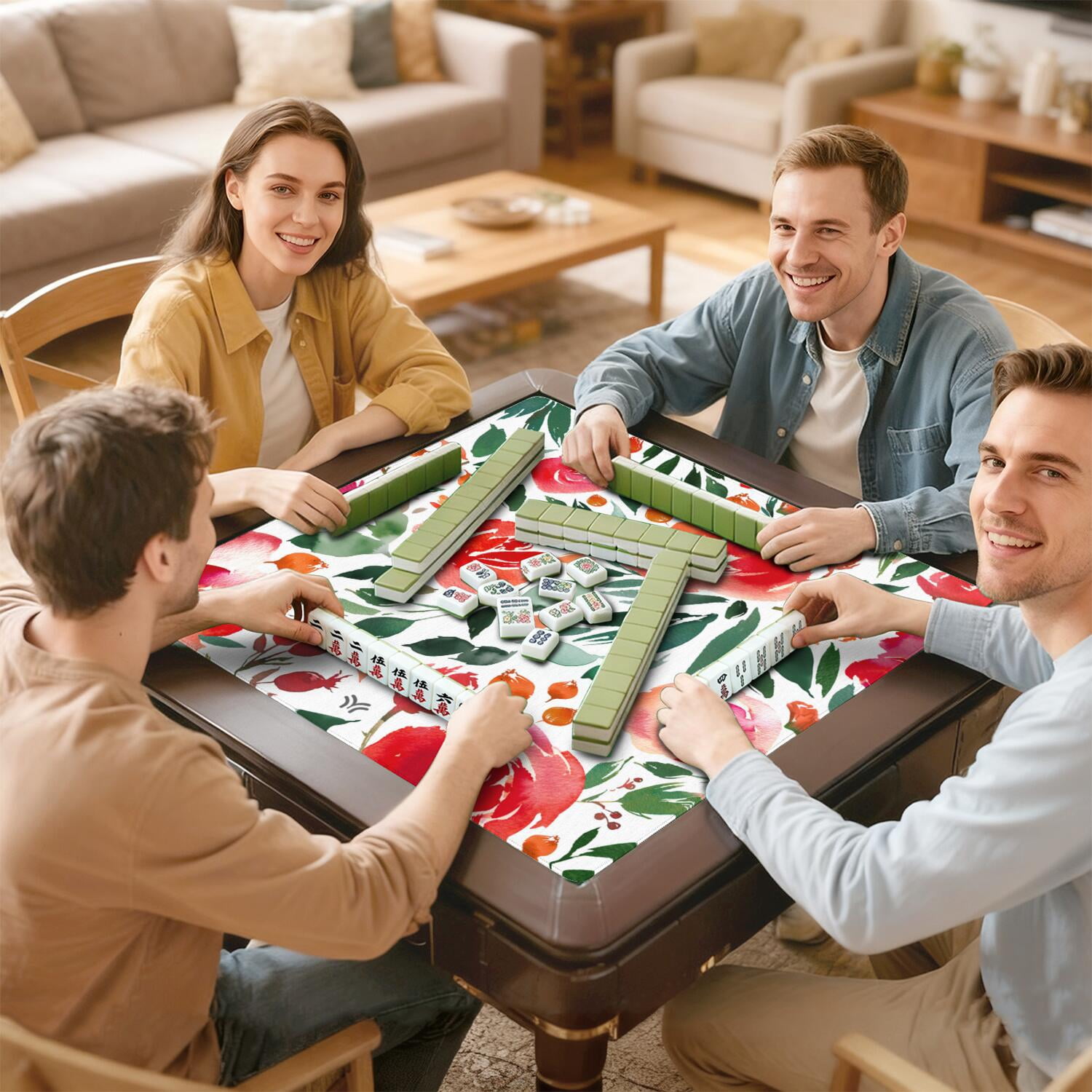 Premium Floral Pattern Non-Slip Mahjong Mat 31.5 Inch Square Rubber Playing Surface Noise Reduction for Chinese Tiles Card Games & Entertainment