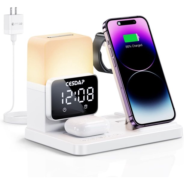 C3 Pro Estación de Carga Plegable 6 en 1 para Múltiples Dispositivos con Luz Despertador Cargador de 18W para iPhone 15/14/13/12/11 para Apple Watch Cargador para AirPods 3/2/Pro Regalo para Mujer Hom
