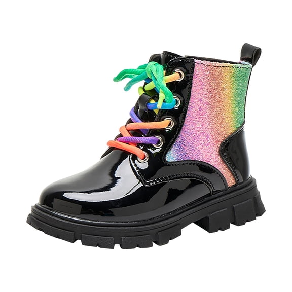 huajiao Kids Girls Ankle Boots Colorful Sparkly 𝗟𝗮ce Up Anti-𝗦lip Lug Sole 𝗖ombat Boots Lightweight Cute Trendy Booties