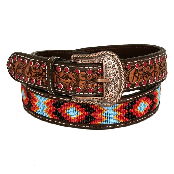 BE BAR H EQUINE Red Crystal Beaded Floral Hand Carved Western Leather Men And Women Belt Brown