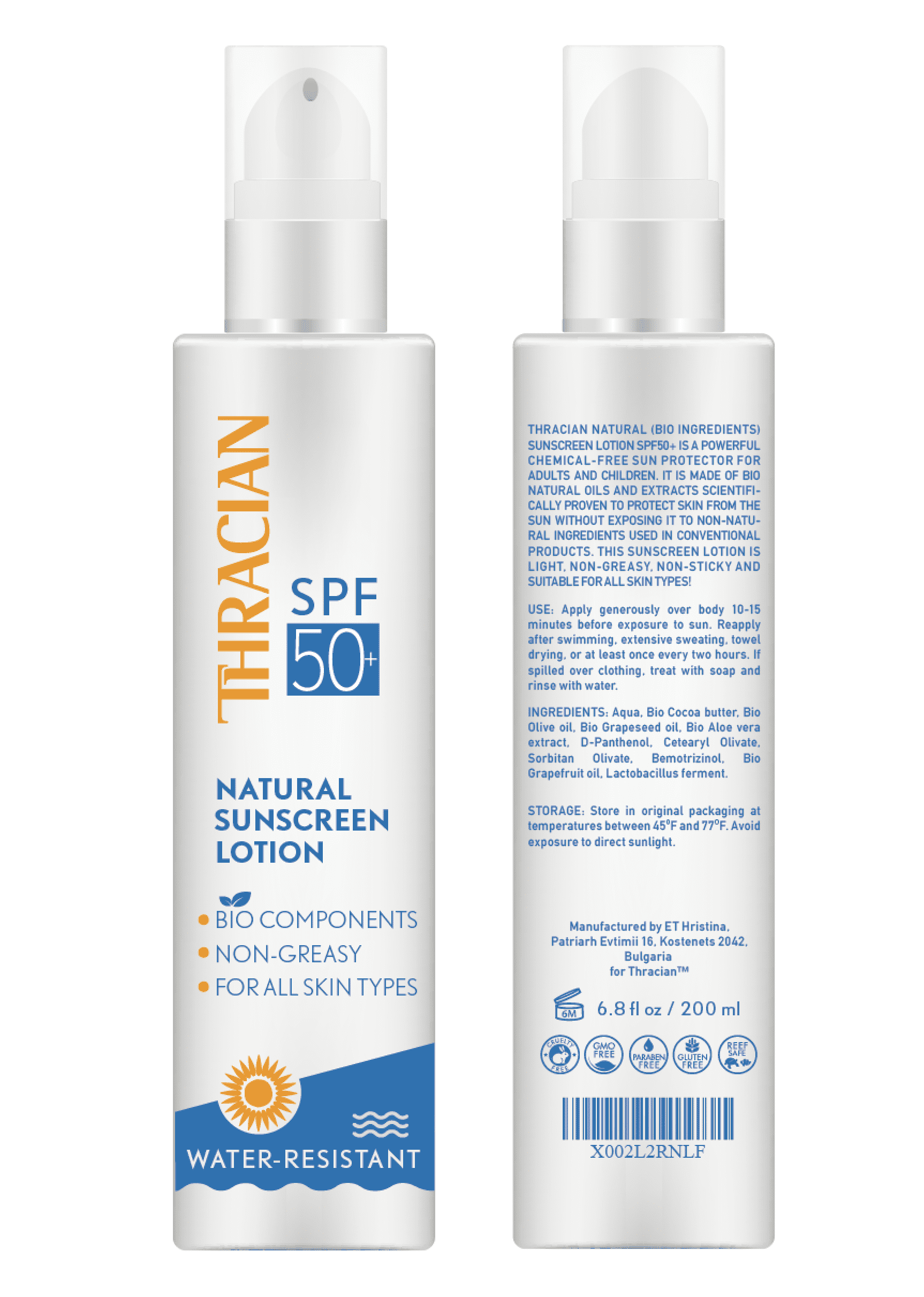 Thracian Natural (Bio Ingredients) Sunscreen Lotion SPF50+ with a Pump, Hypoallergenic, Non-greasy, Sunblock for All Skin Types