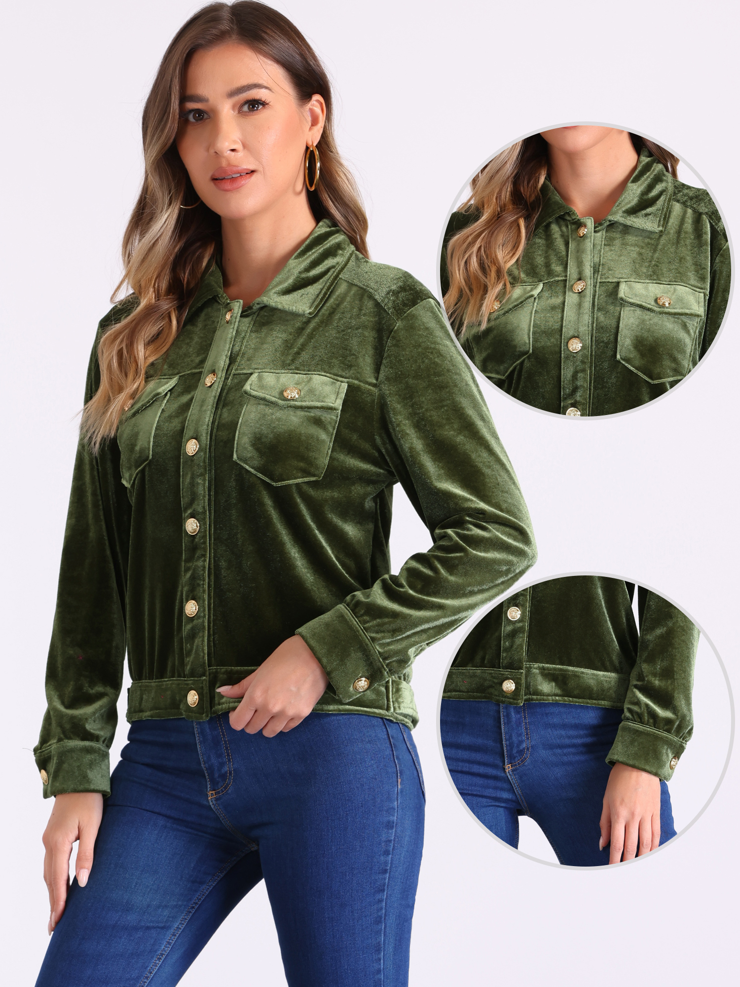 DARING DIVA Stylish Velvet Button-Up Long Sleeve Jacket S Army Green