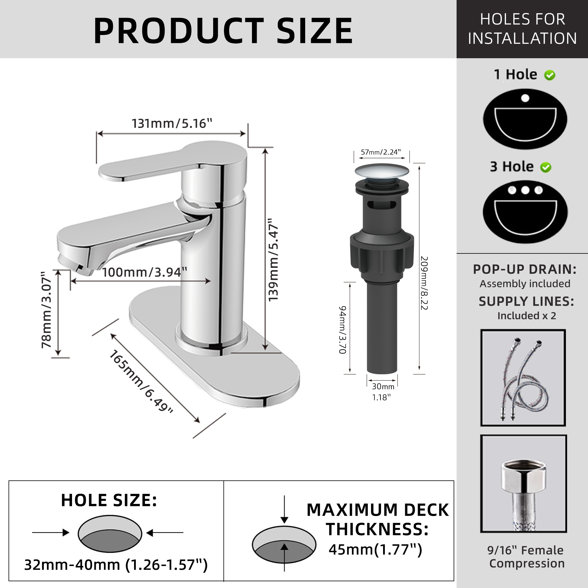 BELZ Bathroom Faucet Chrome Modern Bathroom Sink Faucet with Single Handle Suitable for 1 or 3 Holes,Supply Deck Plate and Hose