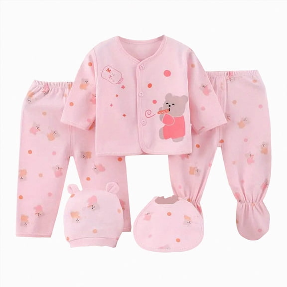 CAUYDY Preemie Clothes Cotton Newborn Boys Girls Pajamas Long Sleeve Shirt   Two Pants   Hat   Bib 5-Pieces Layette Set Gift for Baby 0 3 6 9 Months (Sizes 0-3 Months,Pink)